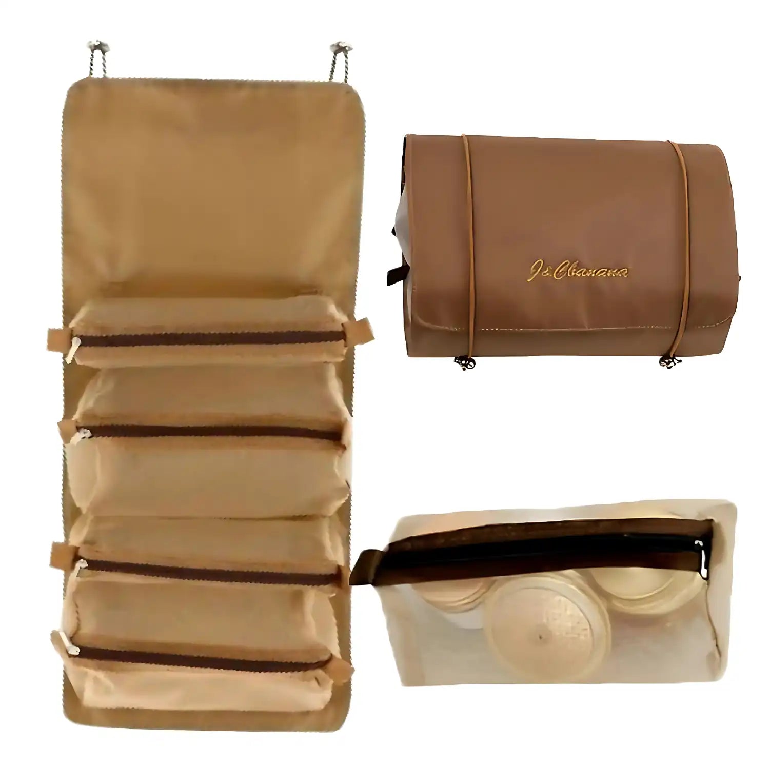 Premium 4 IN 1 Hanging Travel Makeup Organizer Bag – Khaki, in Brown, showing Four detachable transparent mesh pouches (2 large + 2 small) with secure hook-and-loop fasteners – KPM WORLD™