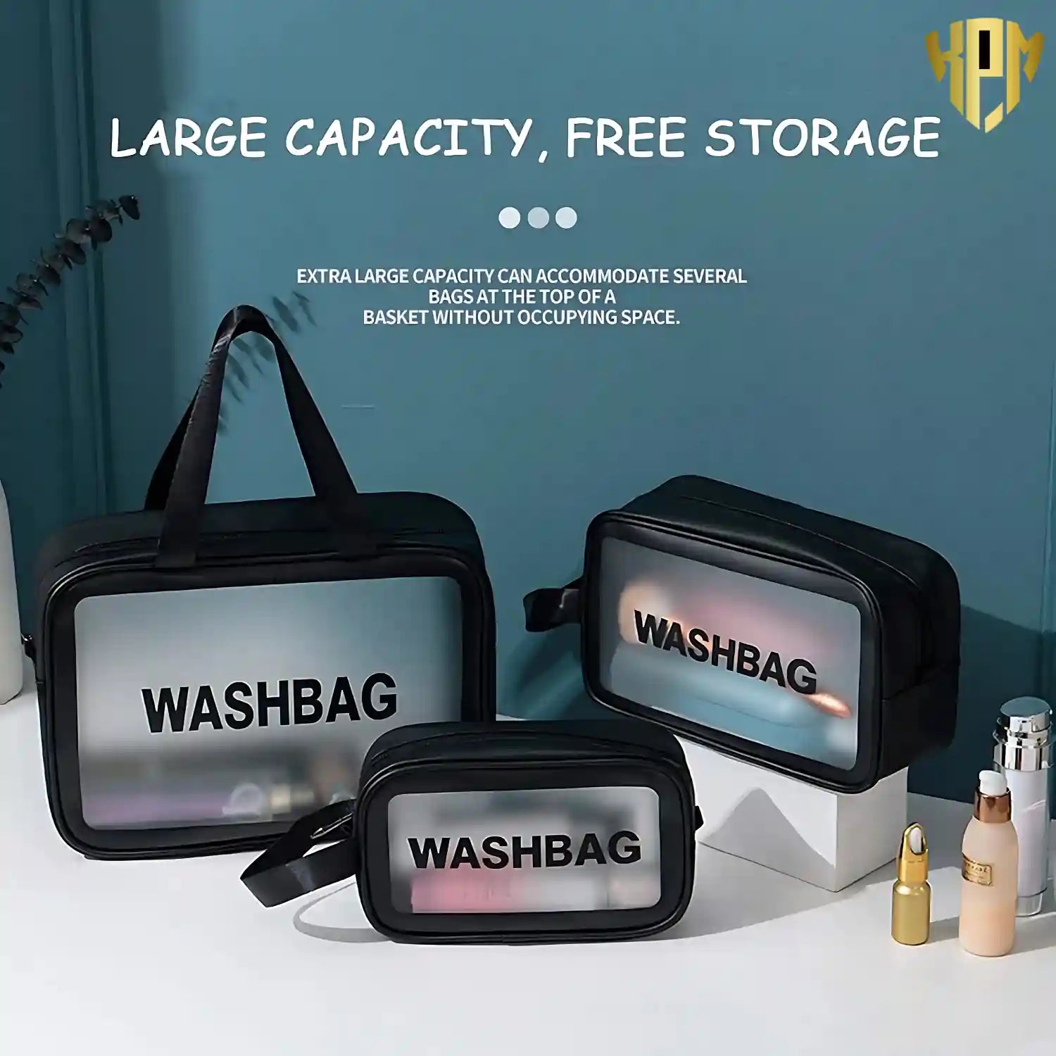 Premium Waterproof 3-Piece Travel Wash Bag Set – Black, in Black, view 6 – KPM WORLD™