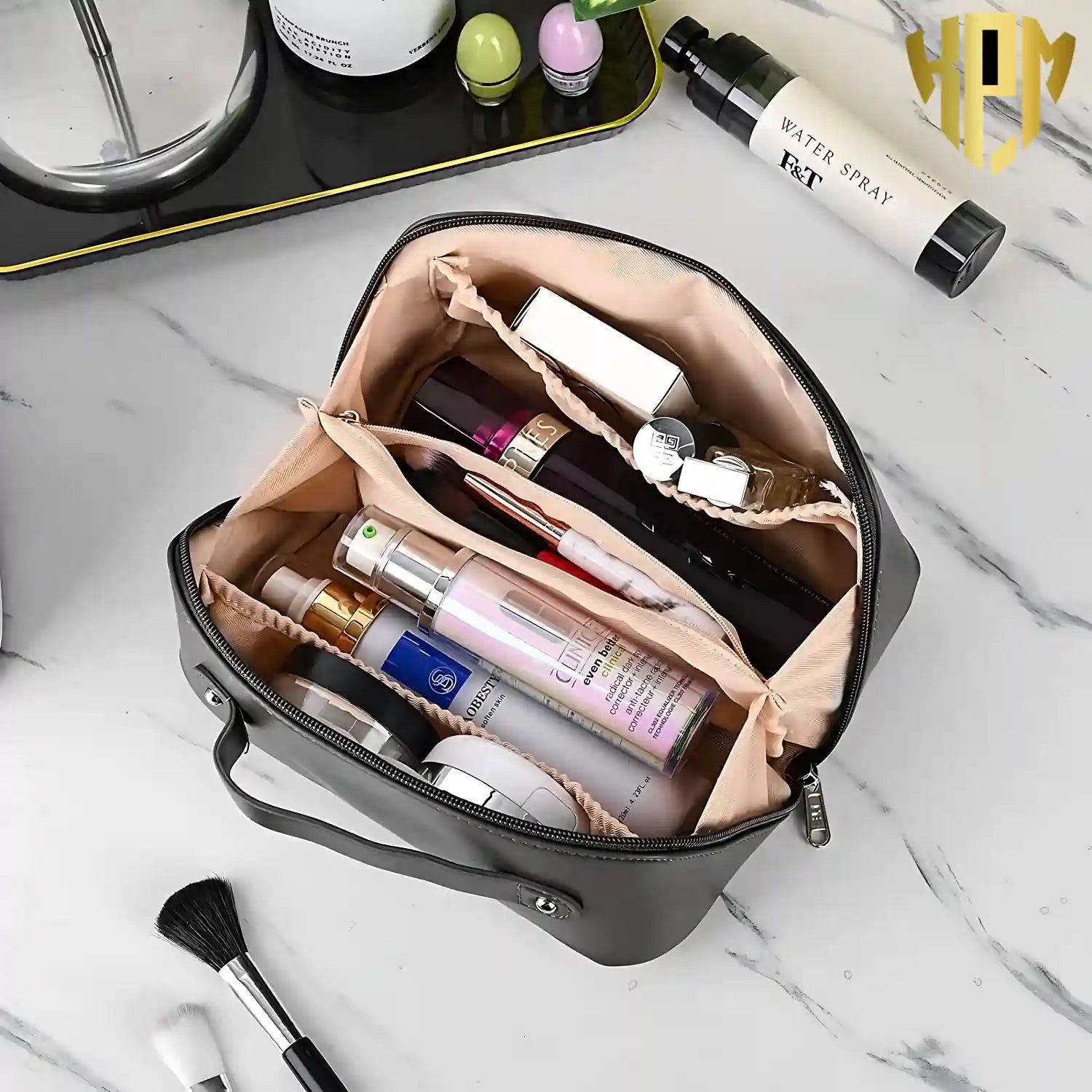 Premium Waterproof Leather Cosmetic Bag – Black, in Black, view 5 – KPM WORLD™