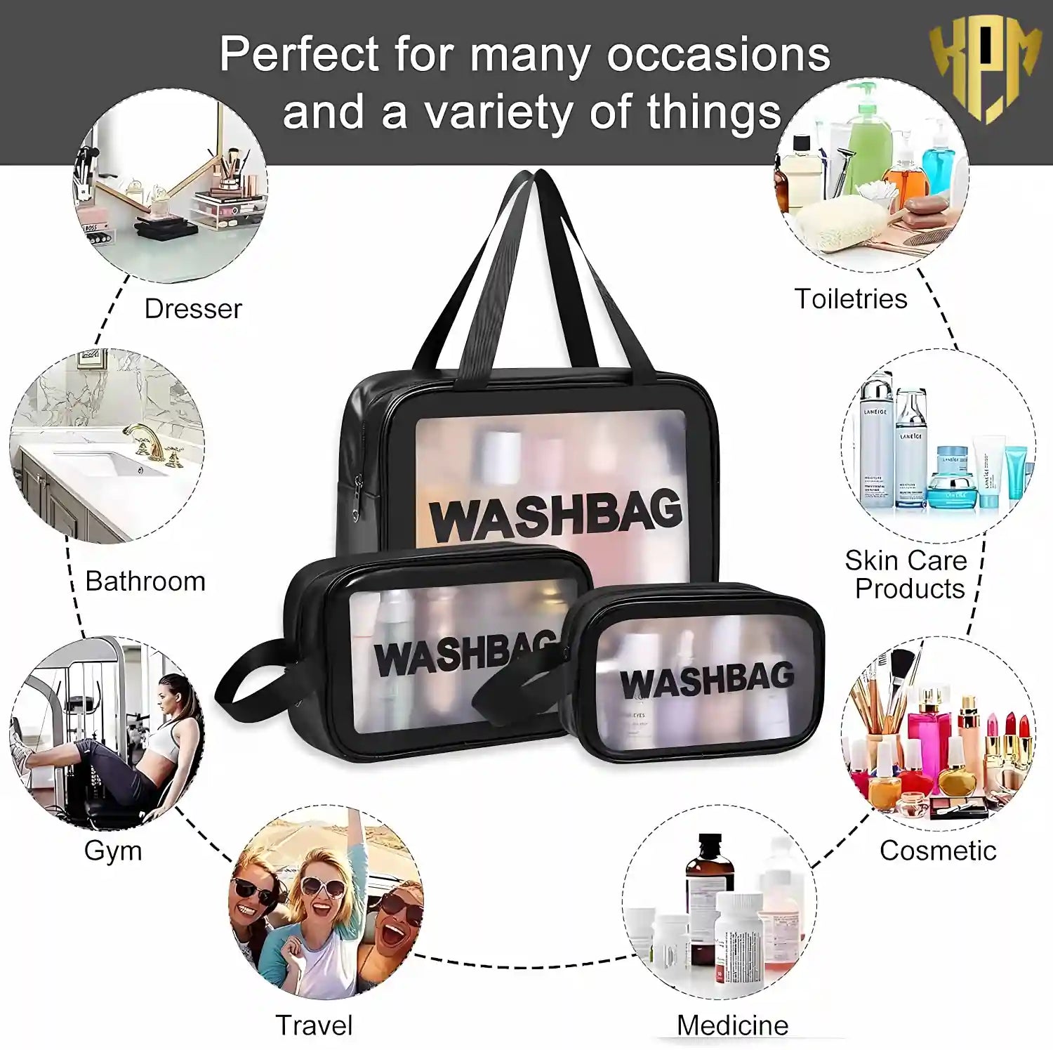 Premium Waterproof 3-Piece Travel Wash Bag Set – Black, in Black, view 5 – KPM WORLD™