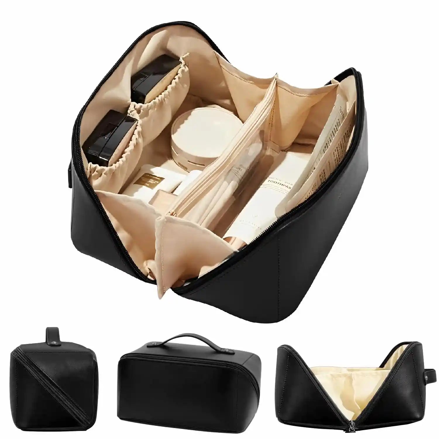 Premium Waterproof Leather Cosmetic Bag – Black