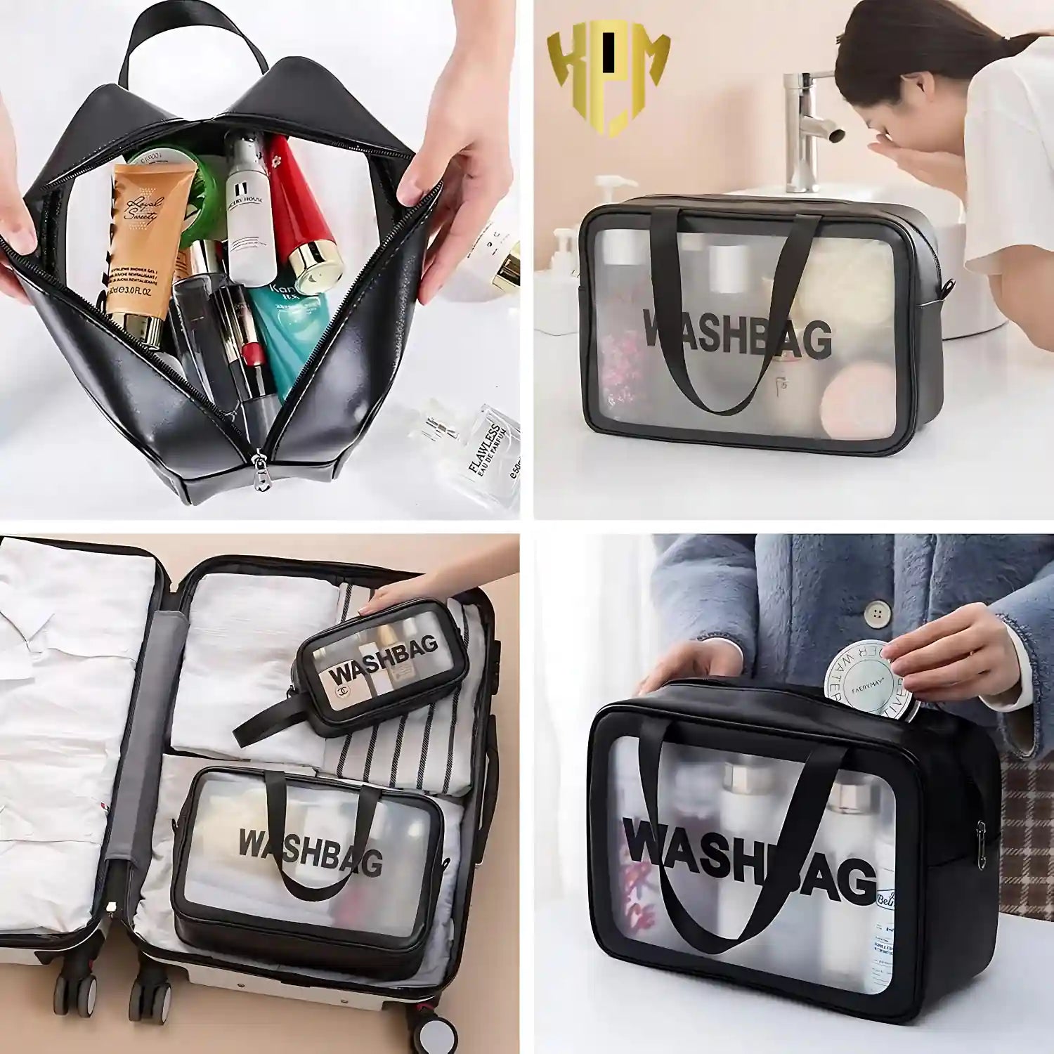 Premium Waterproof 3-Piece Travel Wash Bag Set – Black, in Black, view 4 – KPM WORLD™