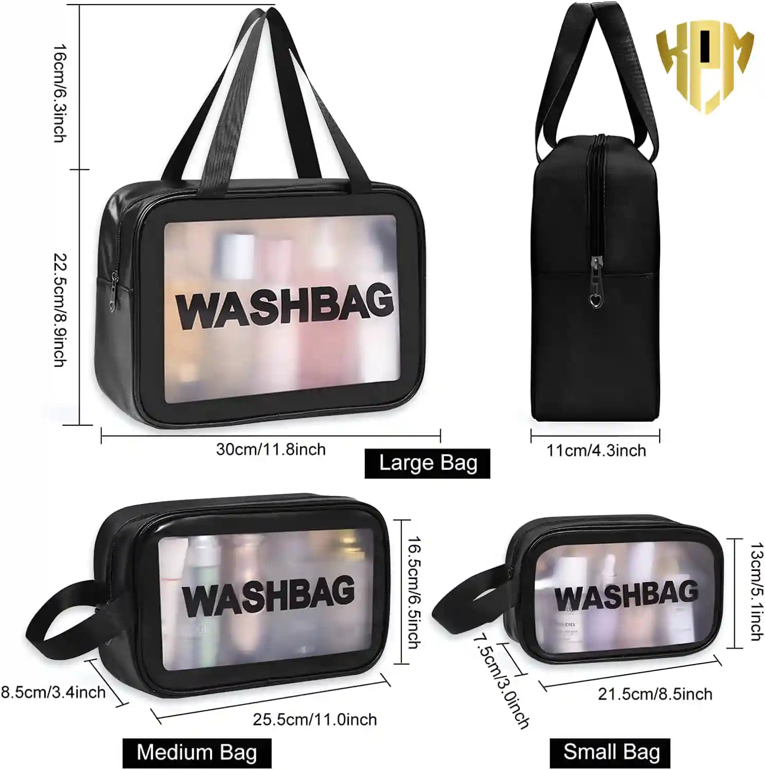 Premium Waterproof 3-Piece Travel Wash Bag Set – Black, in Black, view 2 – KPM WORLD™