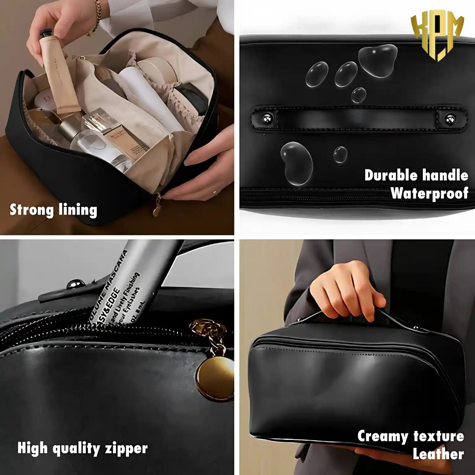 Premium Waterproof Leather Cosmetic Bag – Black, in Black, view 4 – KPM WORLD™