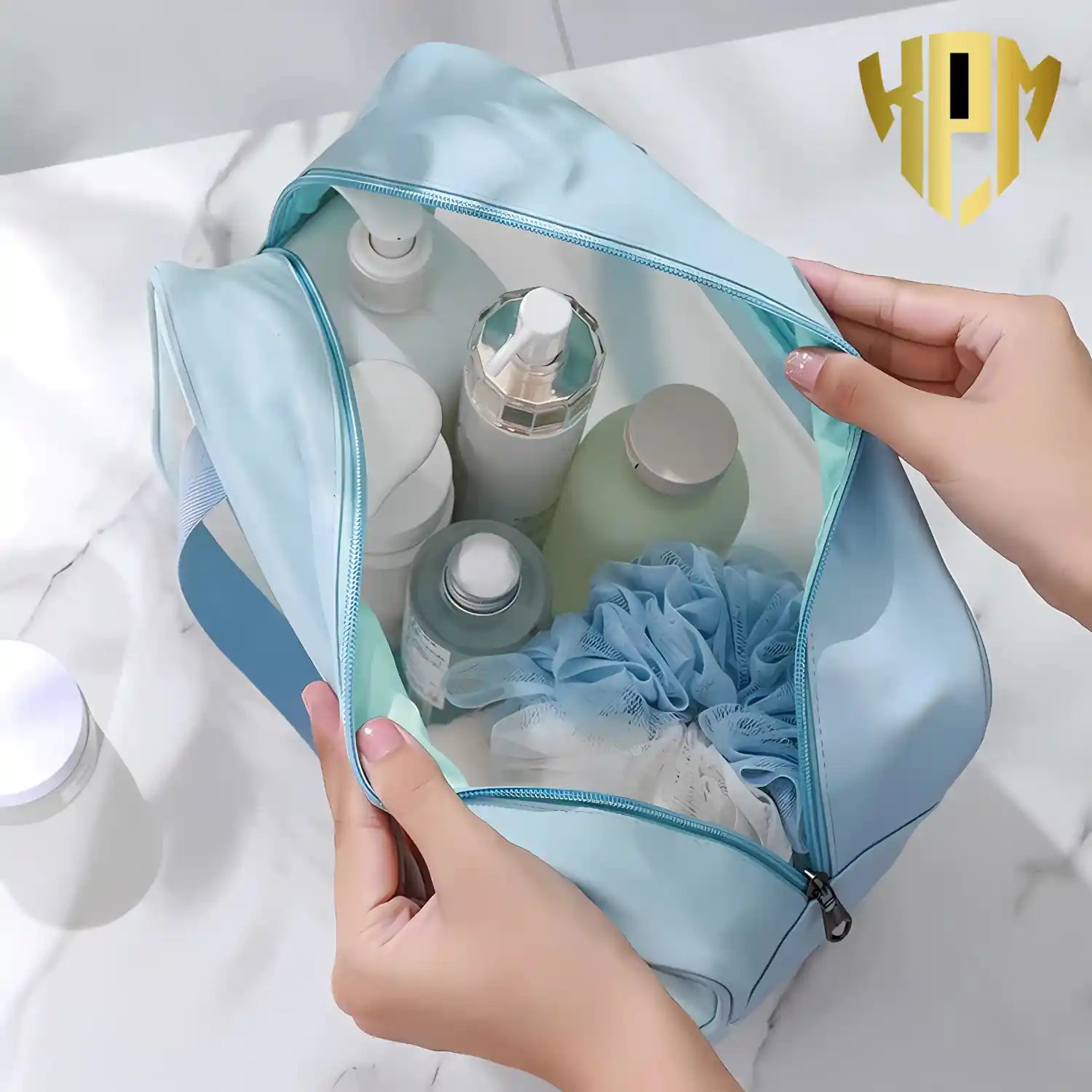 Premium Waterproof 3-Piece Travel Wash Bag Set – Blue, in Sky Blue, view 5 – KPM WORLD™