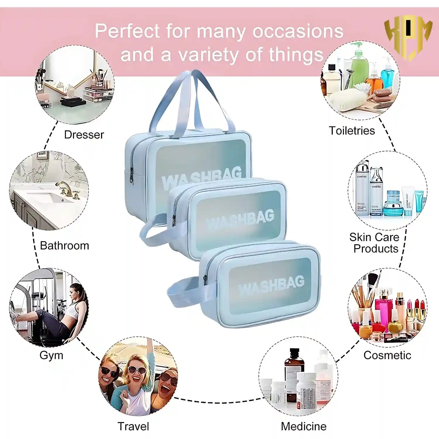 Premium Waterproof 3-Piece Travel Wash Bag Set – Blue, in Sky Blue, view 6 – KPM WORLD™