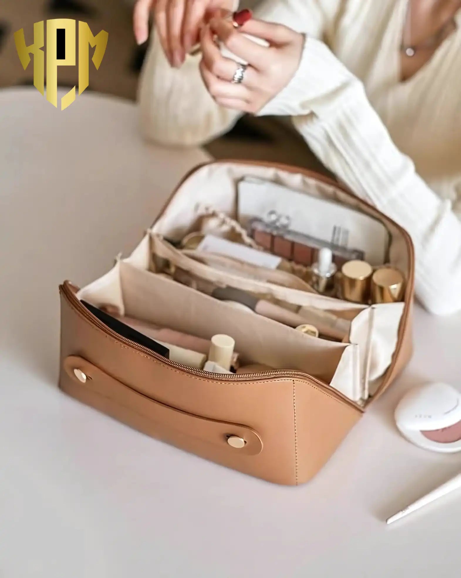 Premium Waterproof Leather Cosmetic Bag – Brown, in Brown, view 7 – KPM WORLD™