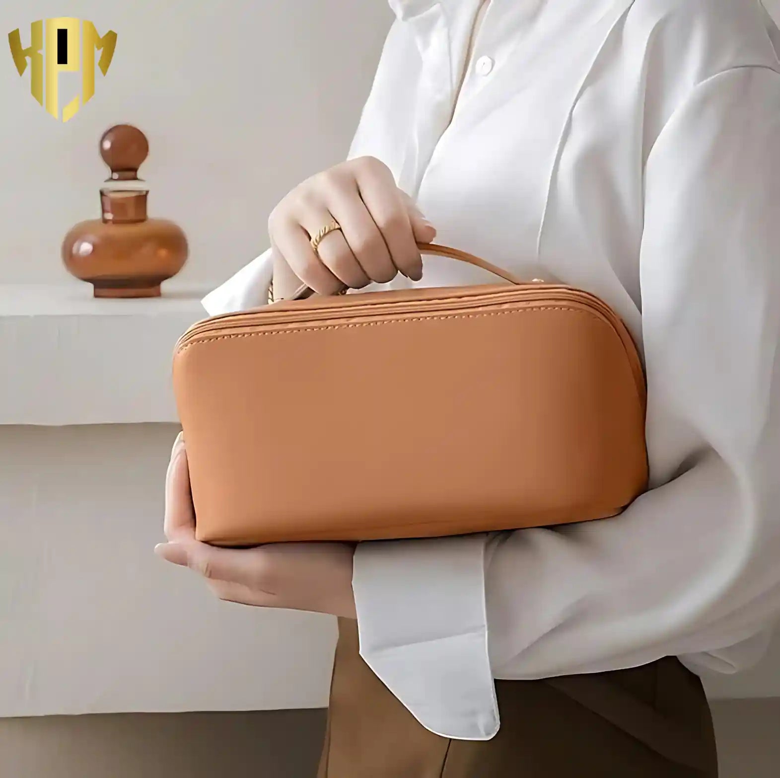 Premium Waterproof Leather Cosmetic Bag – Brown, in Brown, view 6 – KPM WORLD™