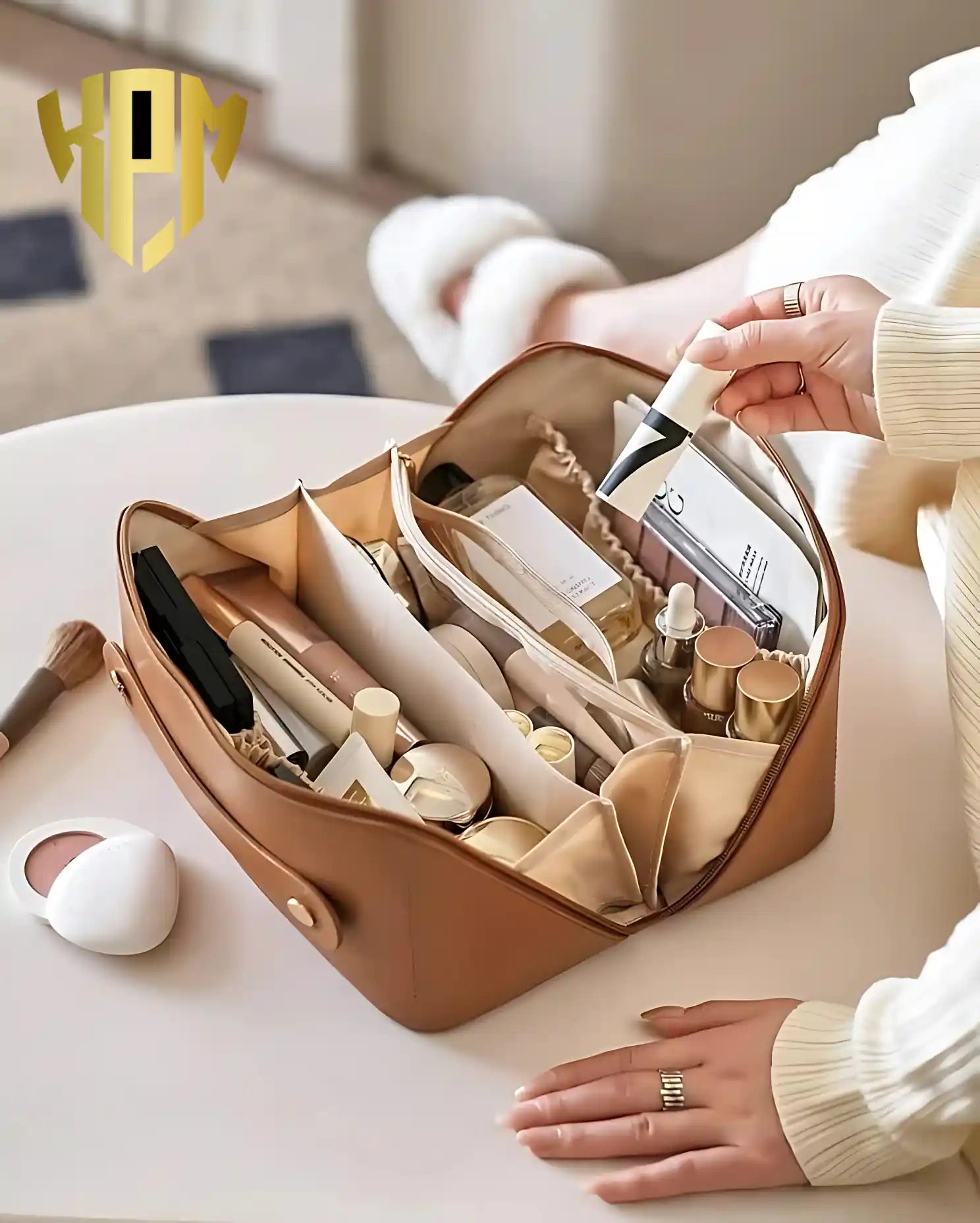Premium Waterproof Leather Cosmetic Bag – Brown, in Brown, view 5 – KPM WORLD™