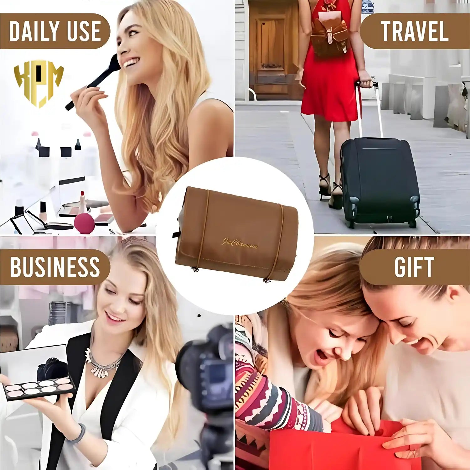 Premium 4 IN 1 Hanging Travel Makeup Organizer Bag – Khaki, in Brown, view 7 – KPM WORLD™