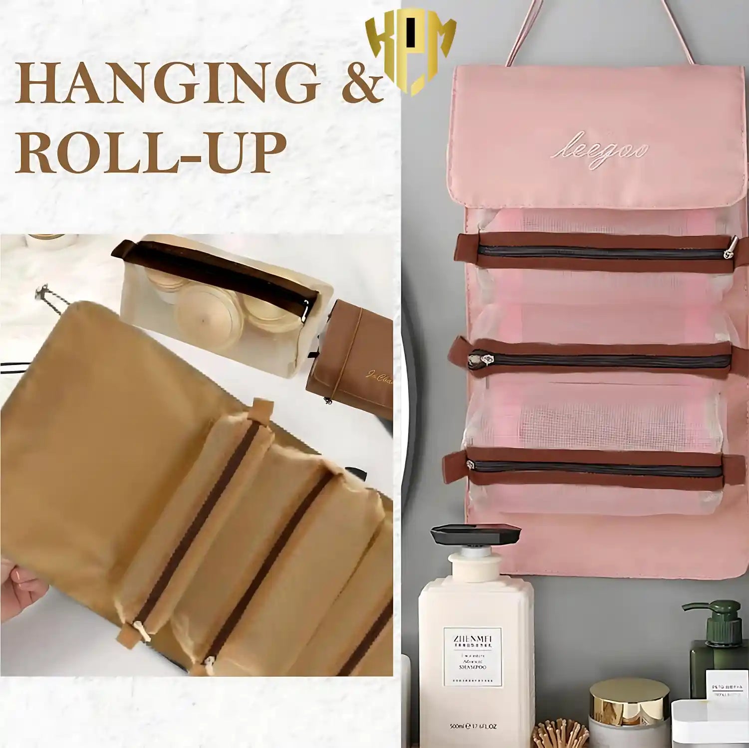 Premium 4 IN 1 Hanging Travel Makeup Organizer Bag – Khaki, in Brown, view 8 – KPM WORLD™