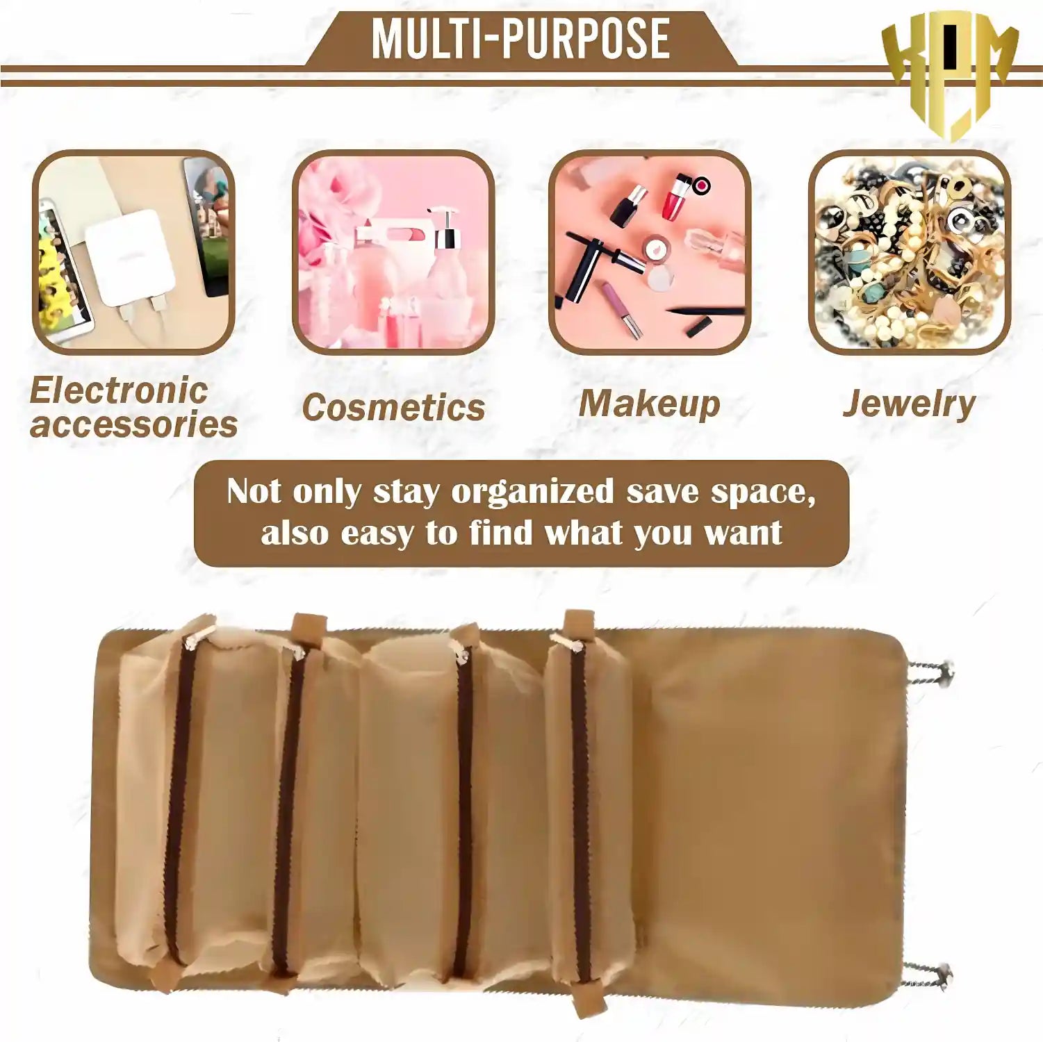 Premium 4 IN 1 Hanging Travel Makeup Organizer Bag – Khaki, in Brown, view 5 – KPM WORLD™