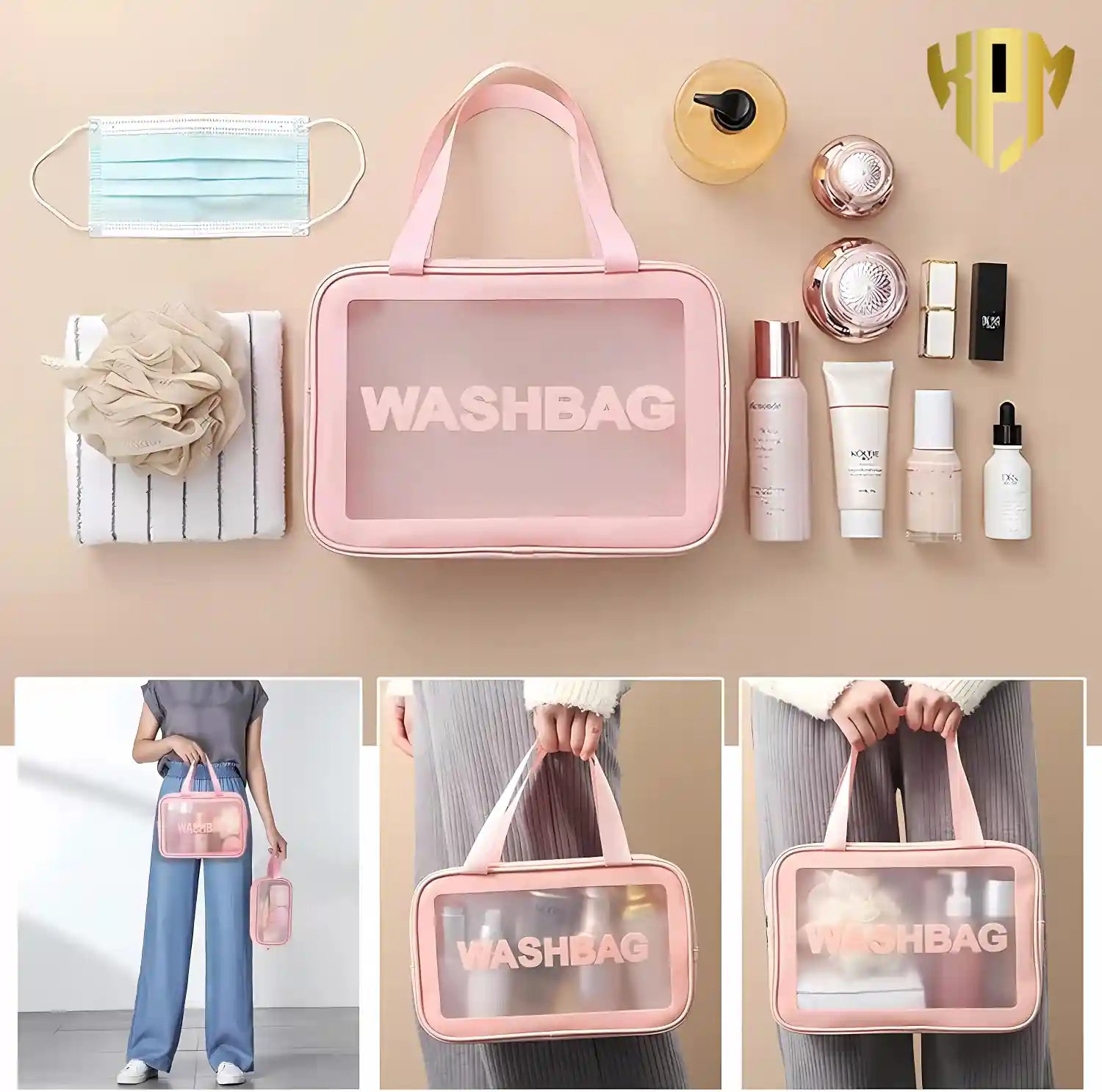 Premium Waterproof 3-Piece Travel Wash Bag Set – Pink, in Pink, view 4 – KPM WORLD™
