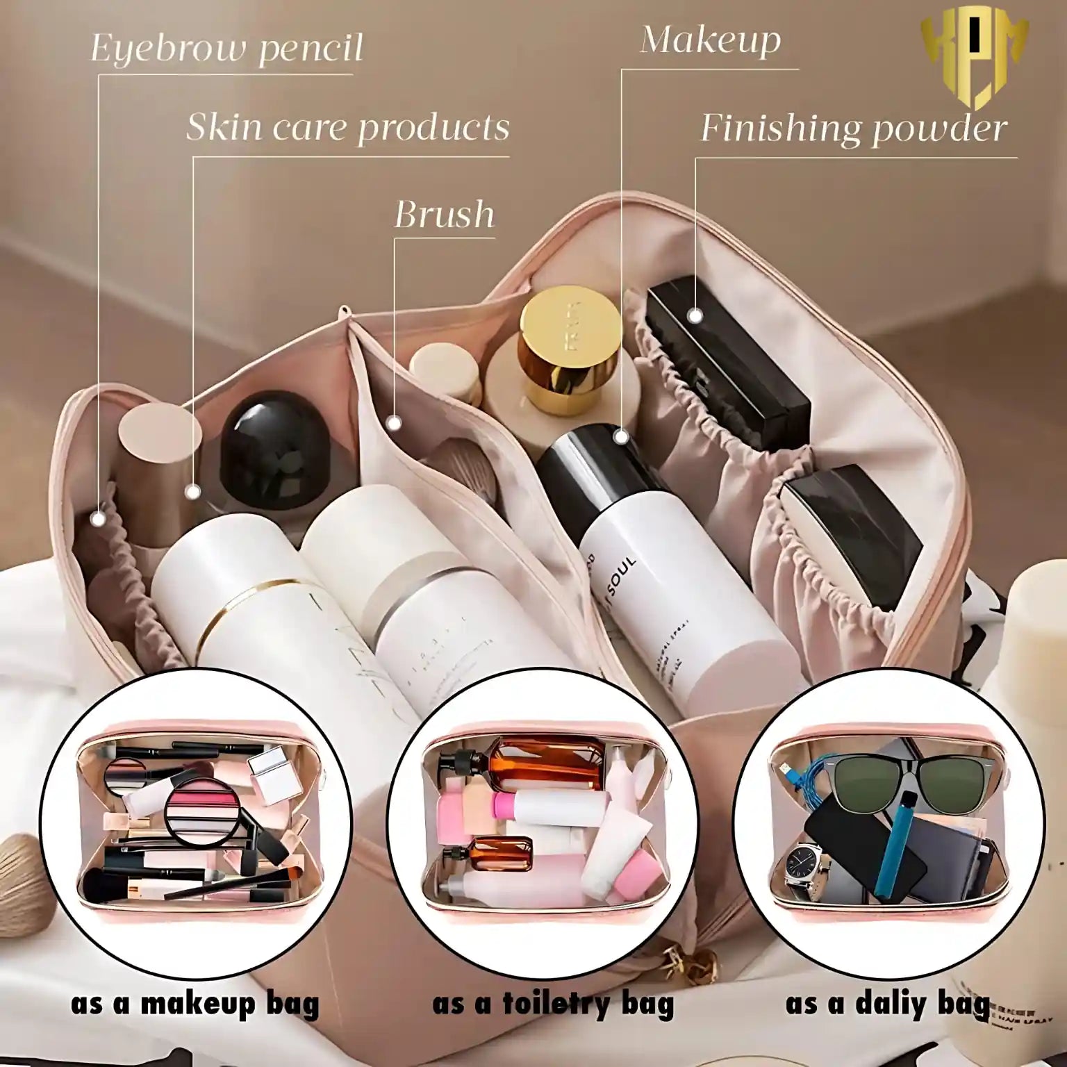 Premium Waterproof Leather Cosmetic Bag – Pink, in Pink, view 3 – KPM WORLD™