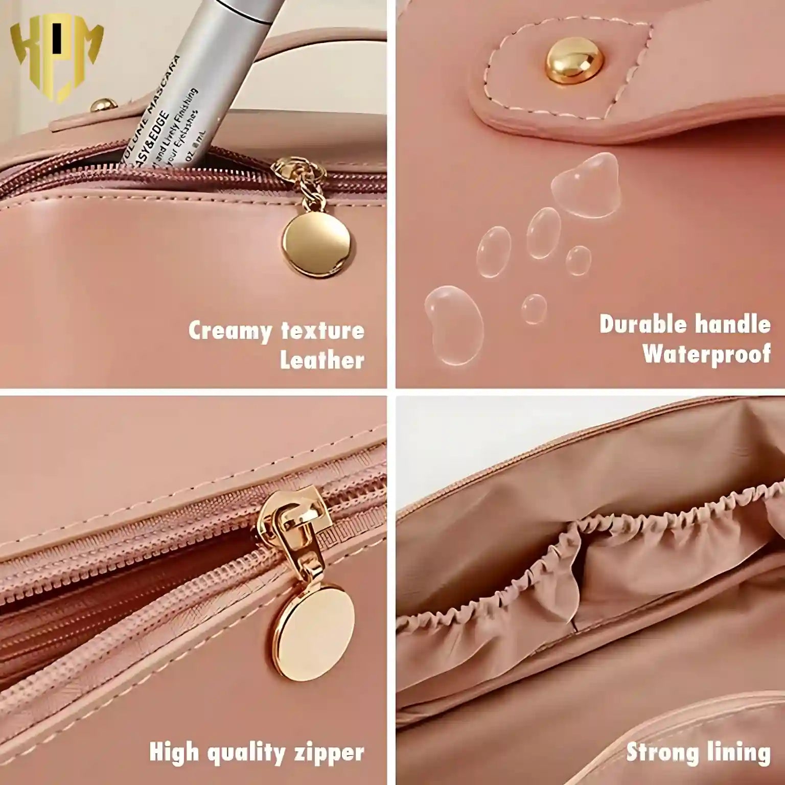 Premium Waterproof Leather Cosmetic Bag – Pink, in Pink, view 4 – KPM WORLD™