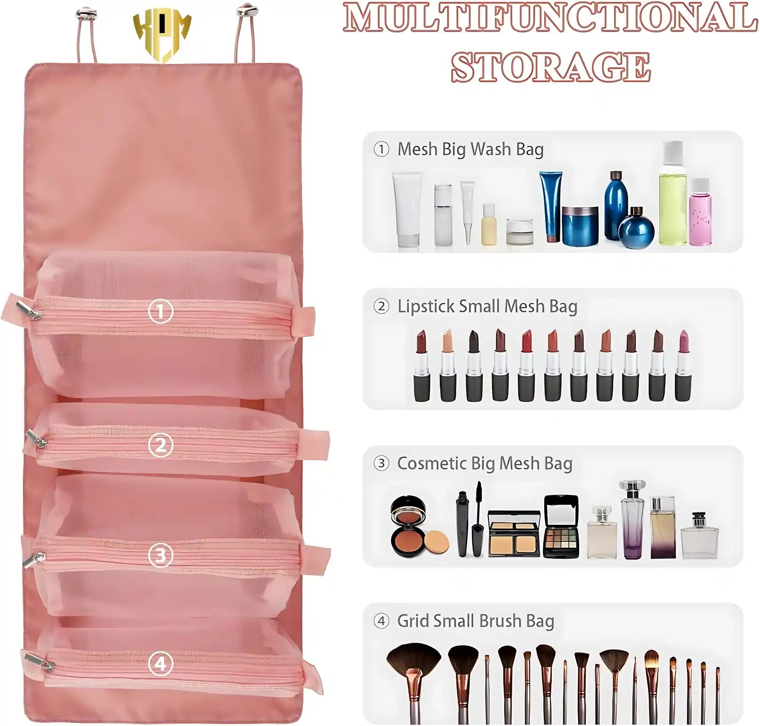 Premium 4 IN 1 Hanging Travel Makeup Organizer Bag – Pink, in Pink, view 5 – KPM WORLD™