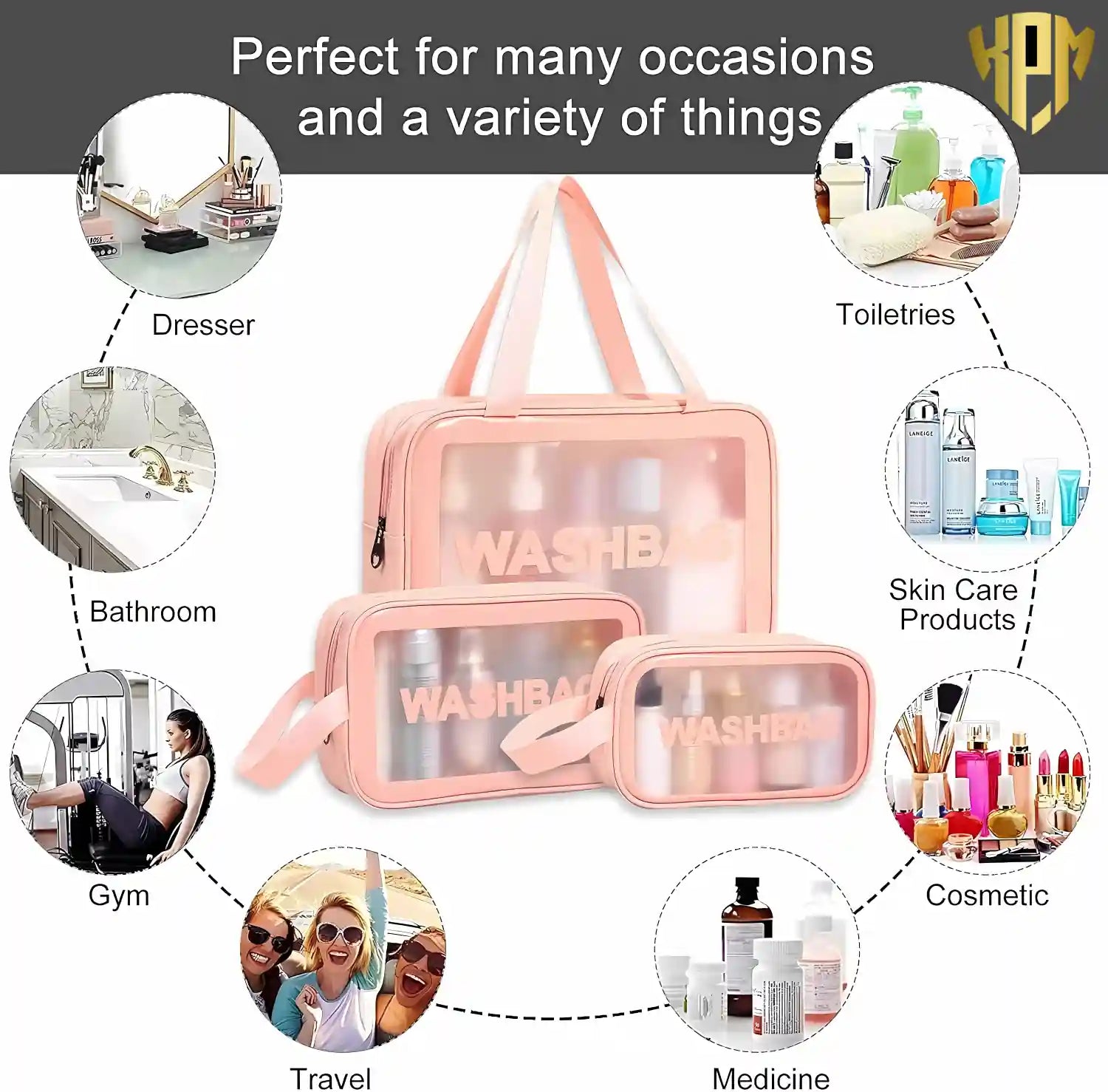 Premium Waterproof 3-Piece Travel Wash Bag Set – Pink, in Pink, view 5 – KPM WORLD™