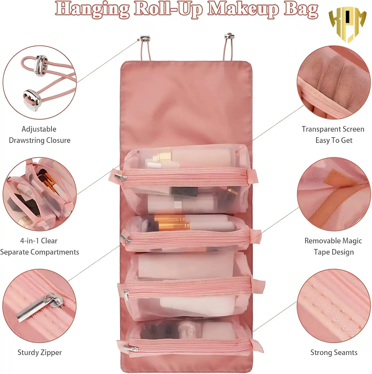 Premium 4 IN 1 Hanging Travel Makeup Organizer Bag – Pink, in Pink, view 3 – KPM WORLD™