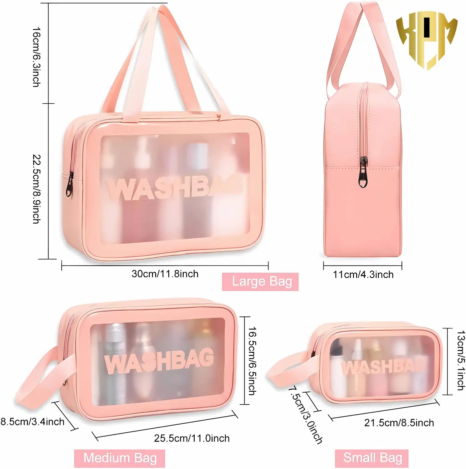Premium Waterproof 3-Piece Travel Wash Bag Set – Pink, in Pink, view 2 – KPM WORLD™