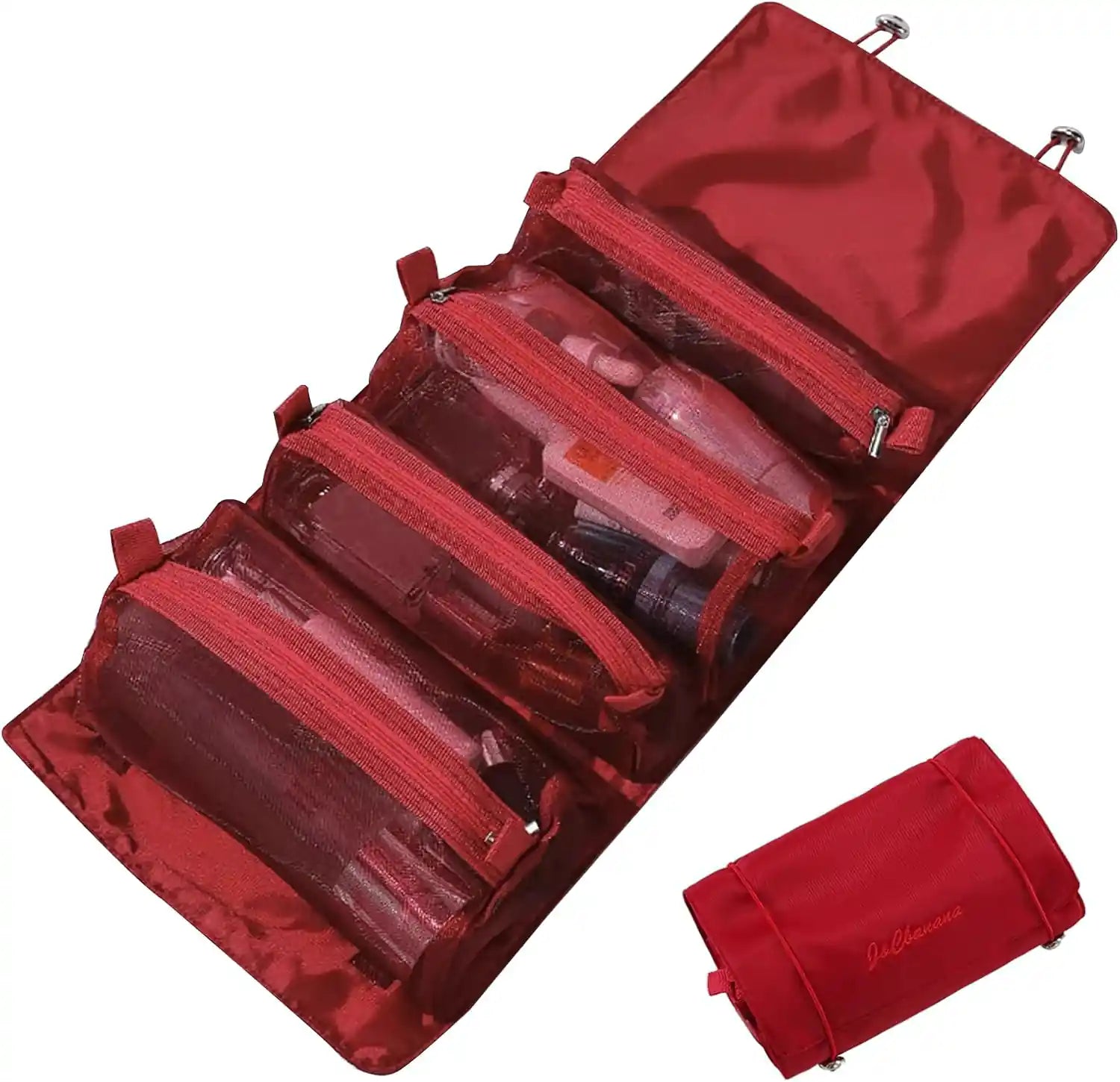 Premium 4 IN 1 Hanging Travel Makeup Organizer Bag – Red, in Red, showing Four detachable transparent mesh pouches (2 large + 2 small) with secure hook-and-loop fasteners – KPM WORLD™