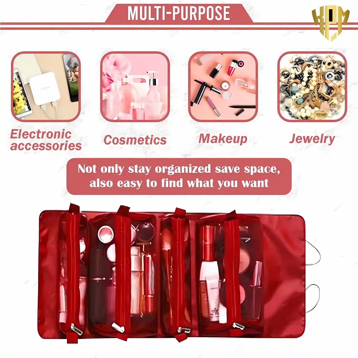 Premium 4 IN 1 Hanging Travel Makeup Organizer Bag – Red, in Red, view 4 – KPM WORLD™