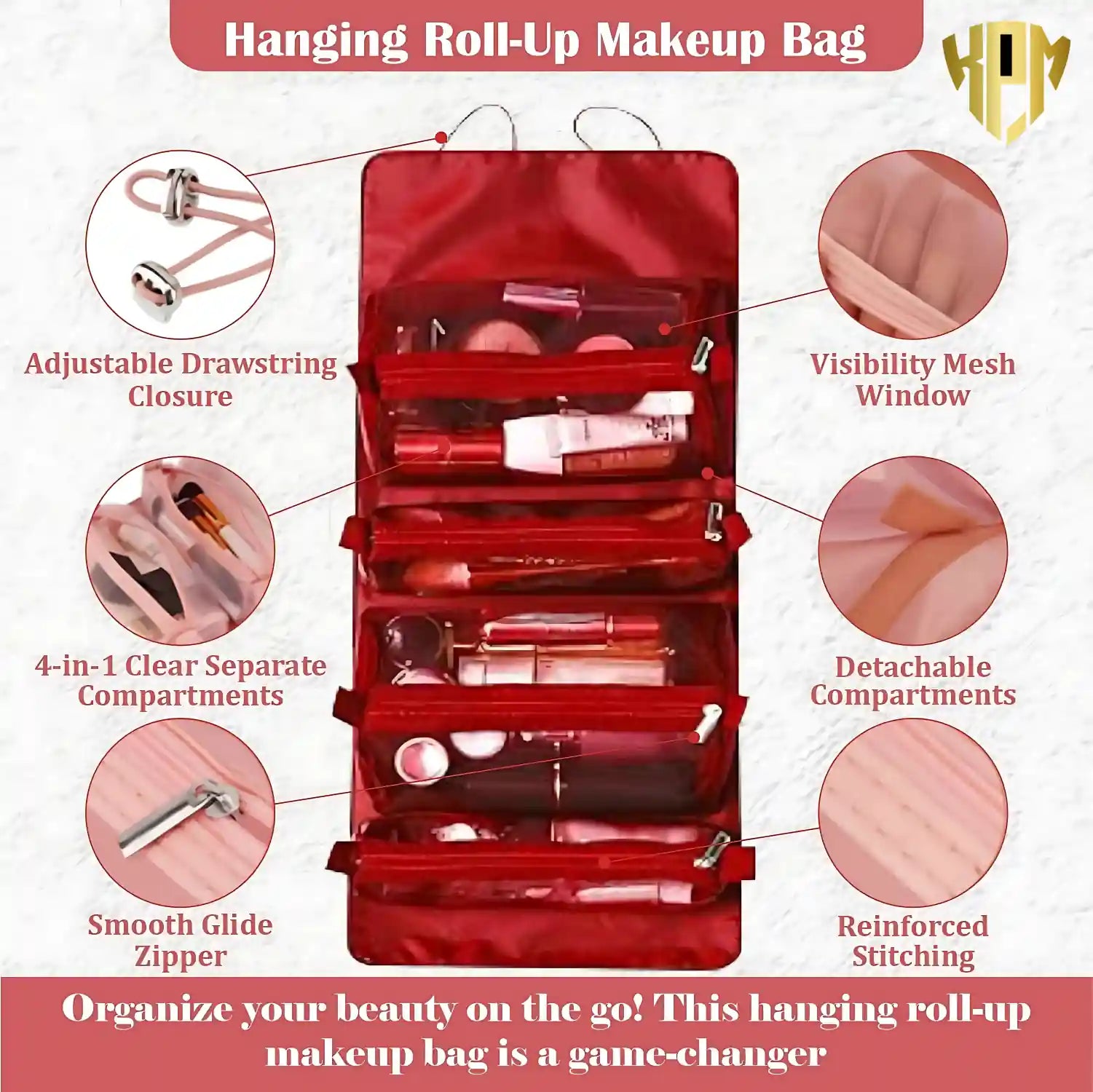 Premium 4 IN 1 Hanging Travel Makeup Organizer Bag – Red, in Red, view 3 – KPM WORLD™