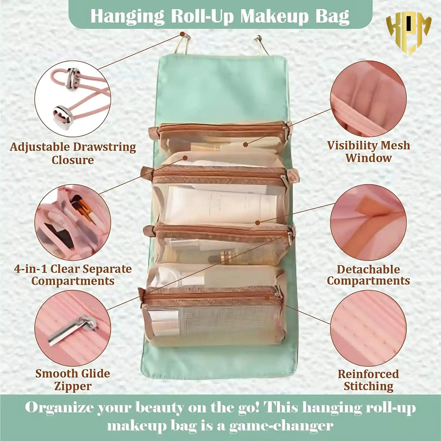 Premium 4 IN 1 Hanging Travel Makeup Organizer Bag – Green, in Green, view 3 – KPM WORLD™