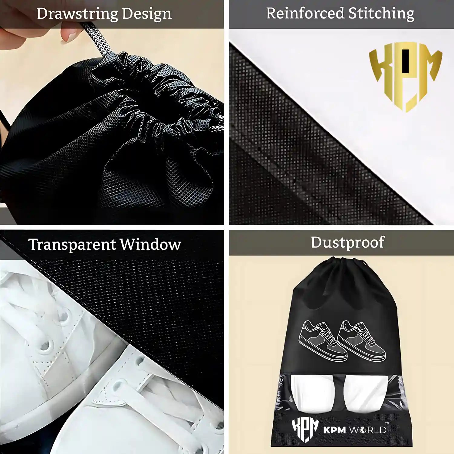 Premium Travel Shoe Bags with Transparent Window & Drawstring Closure, in Black, view 3 – KPM WORLD™