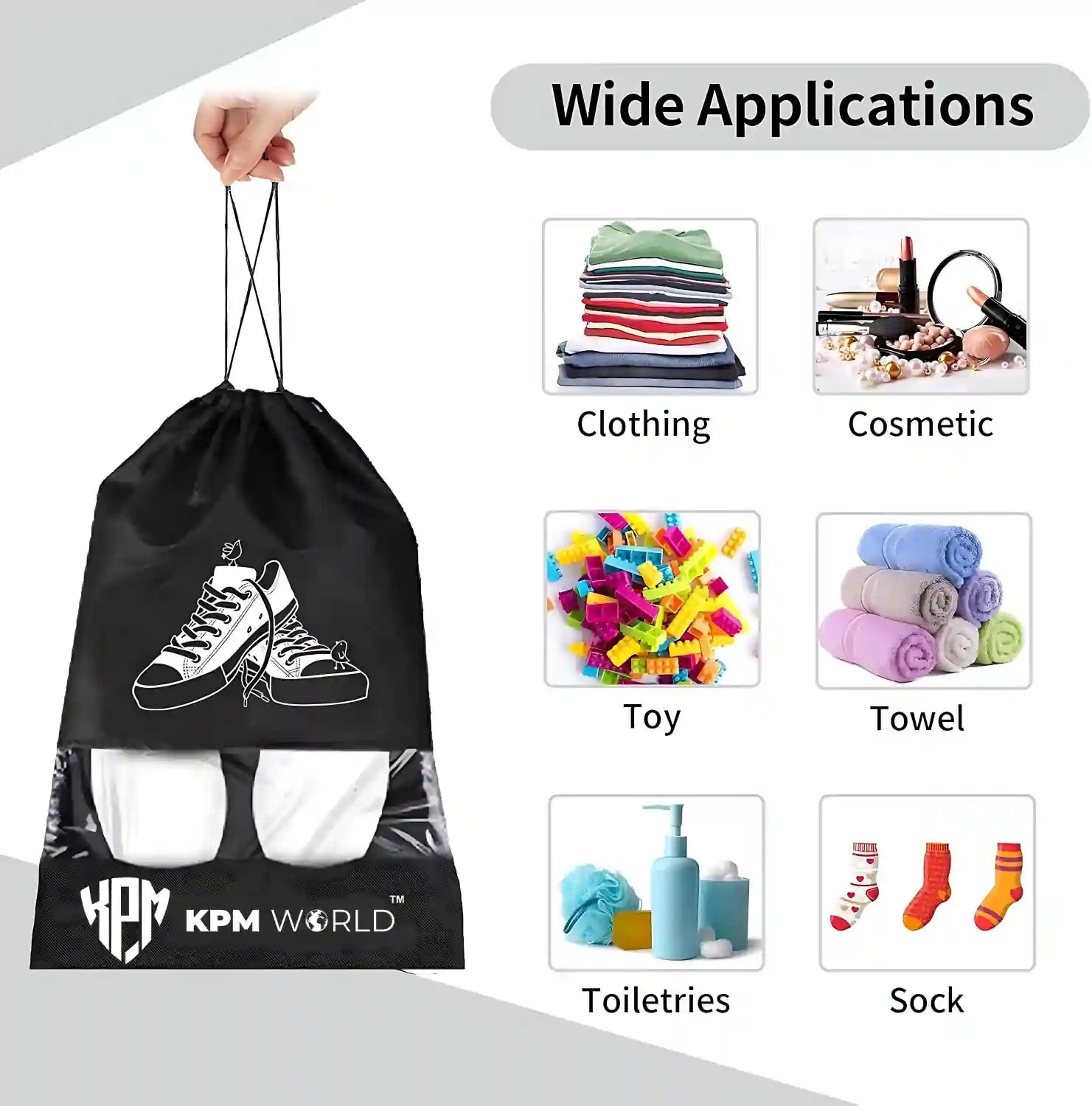 Premium Travel Shoe Bags with Transparent Window & Drawstring Closure, in Black, view 4 – KPM WORLD™